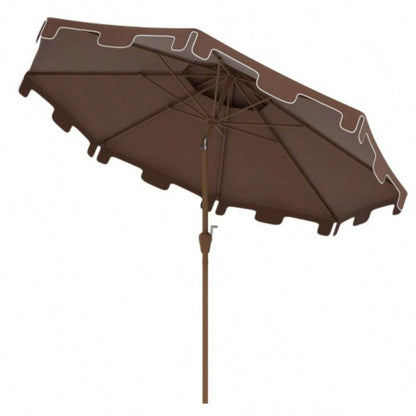 Outsunny 9 Patio with Push Button Tilt and Crank, Double Top Ruffled Outdoor Market Table with 8 Ribs, Garden, Deck, Pool, Brown