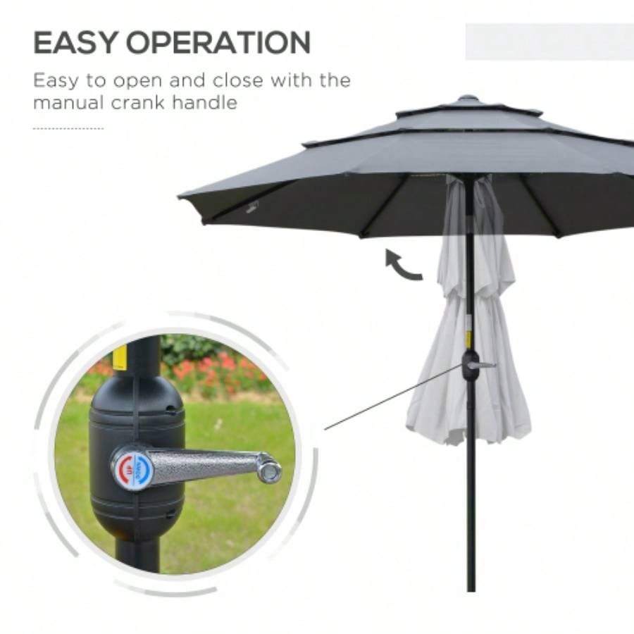 Outsunny 9FT 3 Tiers Patio Outdoor Market with Crank, Push Button Tilt Deck, Backyard and Lawn, Dark Gray