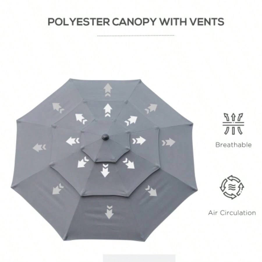 Outsunny 9FT 3 Tiers Patio Outdoor Market with Crank, Push Button Tilt Deck, Backyard and Lawn, Dark Gray