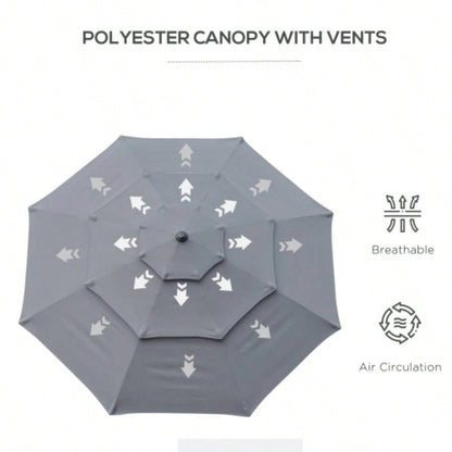 Outsunny 9FT 3 Tiers Patio Outdoor Market with Crank, Push Button Tilt Deck, Backyard and Lawn, Dark Gray