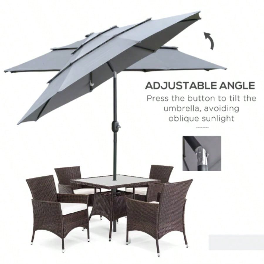 Outsunny 9FT 3 Tiers Patio Outdoor Market with Crank, Push Button Tilt Deck, Backyard and Lawn, Dark Gray