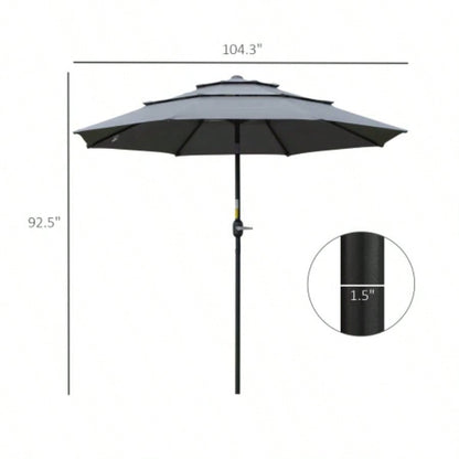 Outsunny 9FT 3 Tiers Patio Outdoor Market with Crank, Push Button Tilt Deck, Backyard and Lawn, Dark Gray