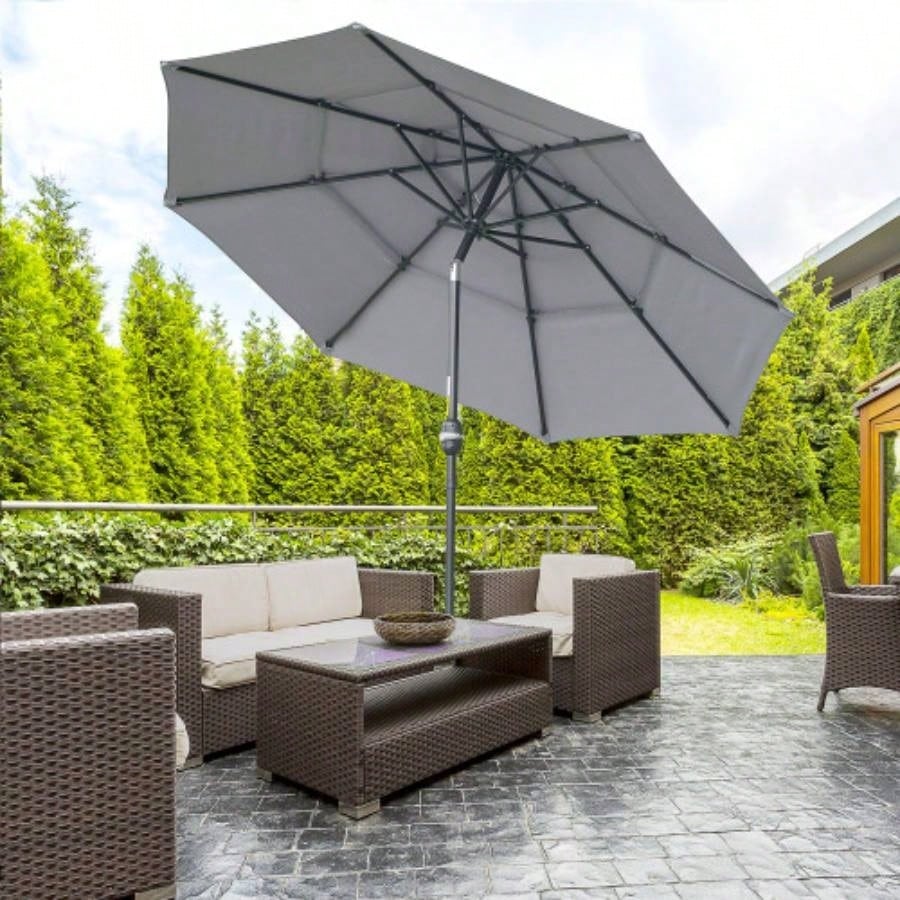 Outsunny 9FT 3 Tiers Patio Outdoor Market with Crank, Push Button Tilt Deck, Backyard and Lawn, Dark Gray