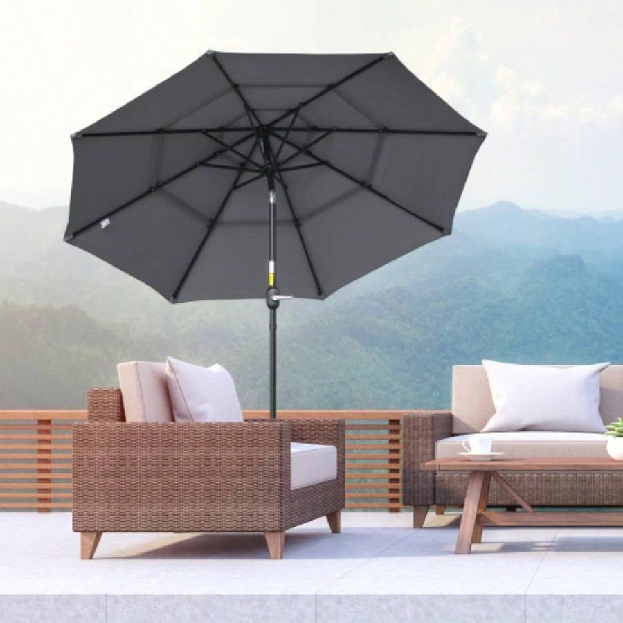 Outsunny 9FT 3 Tiers Patio Outdoor Market with Crank, Push Button Tilt Deck, Backyard and Lawn, Dark Gray