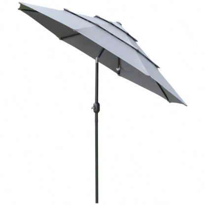 Outsunny 9FT 3 Tiers Patio Outdoor Market with Crank, Push Button Tilt Deck, Backyard and Lawn, Dark Gray