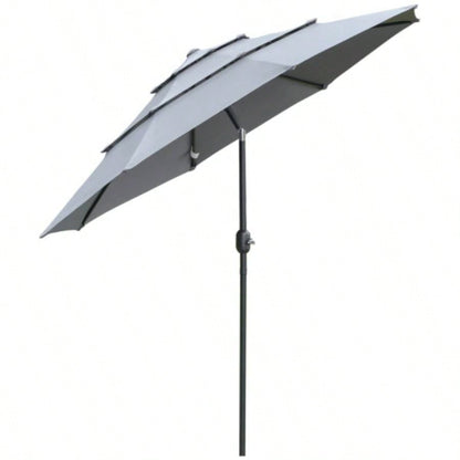 Outsunny 9FT 3 Tiers Patio Outdoor Market with Crank, Push Button Tilt Deck, Backyard and Lawn, Dark Gray