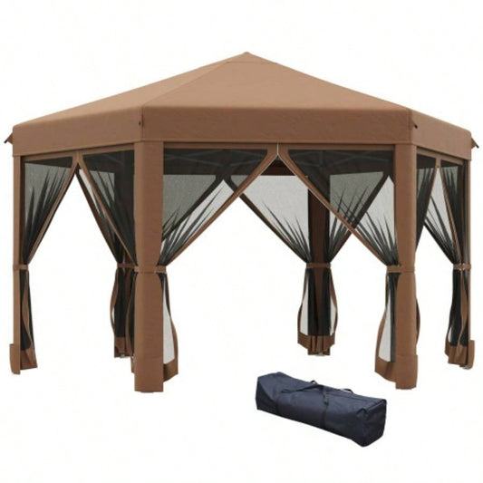 Outsunny 13x 11 Hexagonal Up Gazebo, Heavy Duty Outdoor Canopy Tent with 6 Mesh Sidewall Netting, 3 - Level Adjustable Height and Strong Steel Frame, Brown