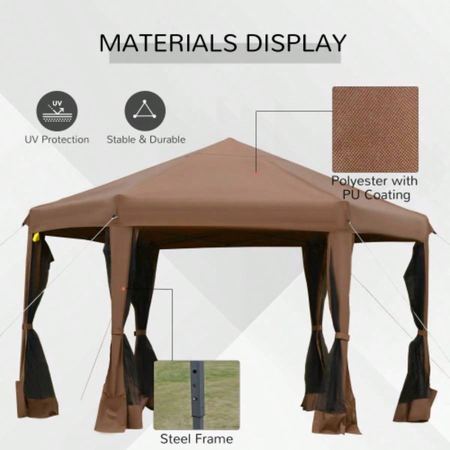 Outsunny 13x 11 Hexagonal Up Gazebo, Heavy Duty Outdoor Canopy Tent with 6 Mesh Sidewall Netting, 3 - Level Adjustable Height and Strong Steel Frame, Brown