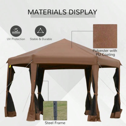 Outsunny 13x 11 Hexagonal Up Gazebo, Heavy Duty Outdoor Canopy Tent with 6 Mesh Sidewall Netting, 3 - Level Adjustable Height and Strong Steel Frame, Brown