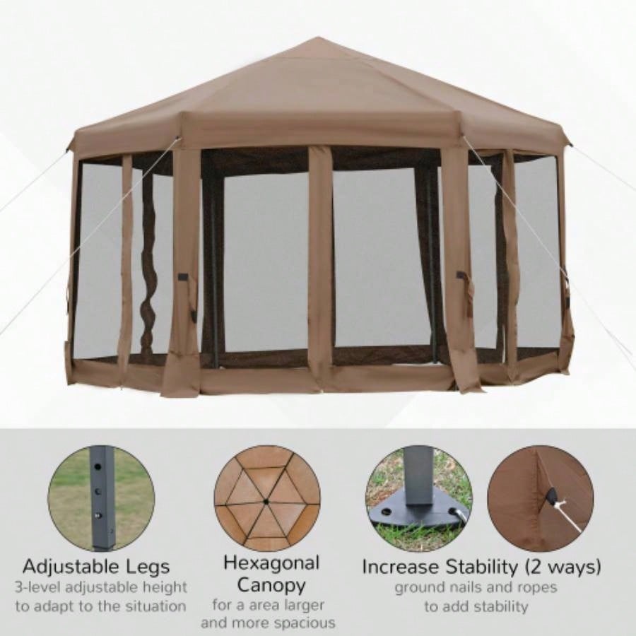 Outsunny 13x 11 Hexagonal Up Gazebo, Heavy Duty Outdoor Canopy Tent with 6 Mesh Sidewall Netting, 3 - Level Adjustable Height and Strong Steel Frame, Brown