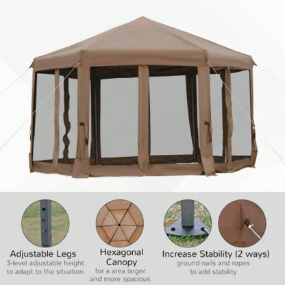 Outsunny 13x 11 Hexagonal Up Gazebo, Heavy Duty Outdoor Canopy Tent with 6 Mesh Sidewall Netting, 3 - Level Adjustable Height and Strong Steel Frame, Brown