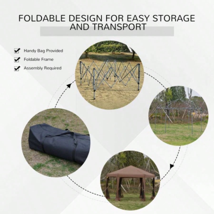 Outsunny 13x 11 Hexagonal Up Gazebo, Heavy Duty Outdoor Canopy Tent with 6 Mesh Sidewall Netting, 3 - Level Adjustable Height and Strong Steel Frame, Brown