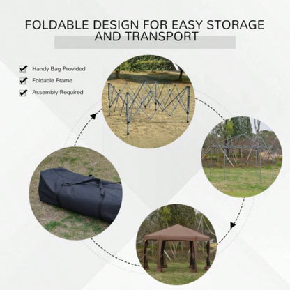 Outsunny 13x 11 Hexagonal Up Gazebo, Heavy Duty Outdoor Canopy Tent with 6 Mesh Sidewall Netting, 3 - Level Adjustable Height and Strong Steel Frame, Brown