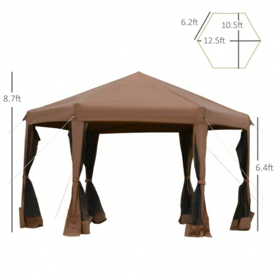 Outsunny 13x 11 Hexagonal Up Gazebo, Heavy Duty Outdoor Canopy Tent with 6 Mesh Sidewall Netting, 3 - Level Adjustable Height and Strong Steel Frame, Brown