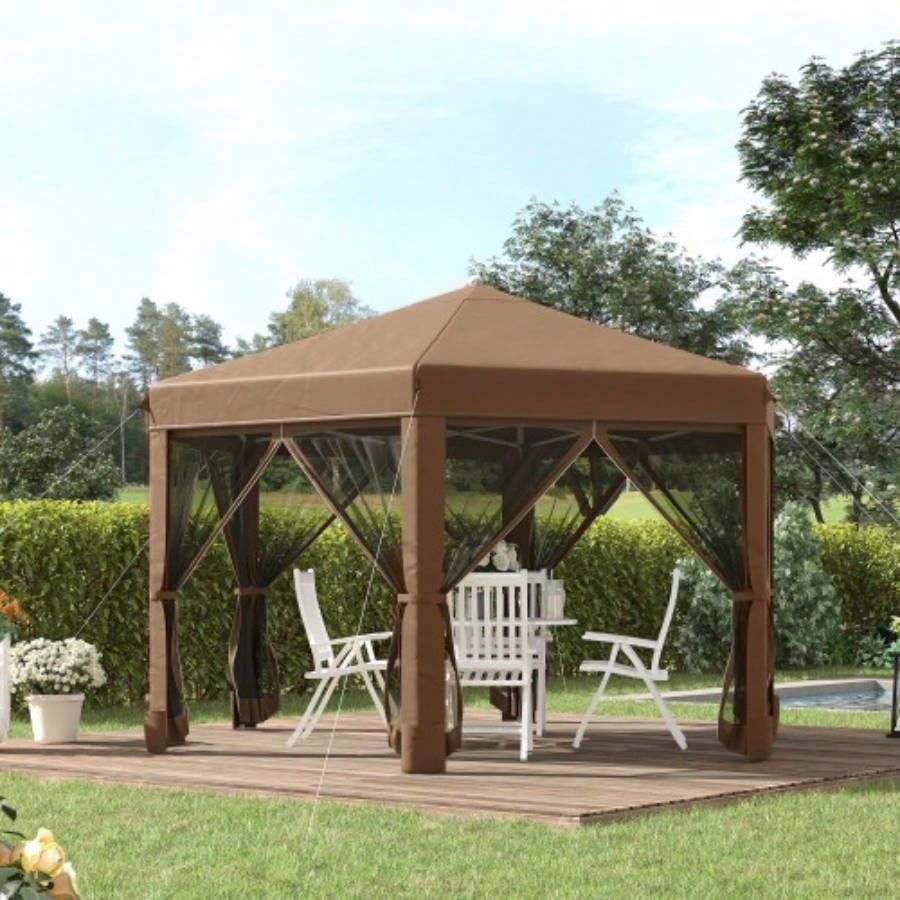 Outsunny 13x 11 Hexagonal Up Gazebo, Heavy Duty Outdoor Canopy Tent with 6 Mesh Sidewall Netting, 3 - Level Adjustable Height and Strong Steel Frame, Brown