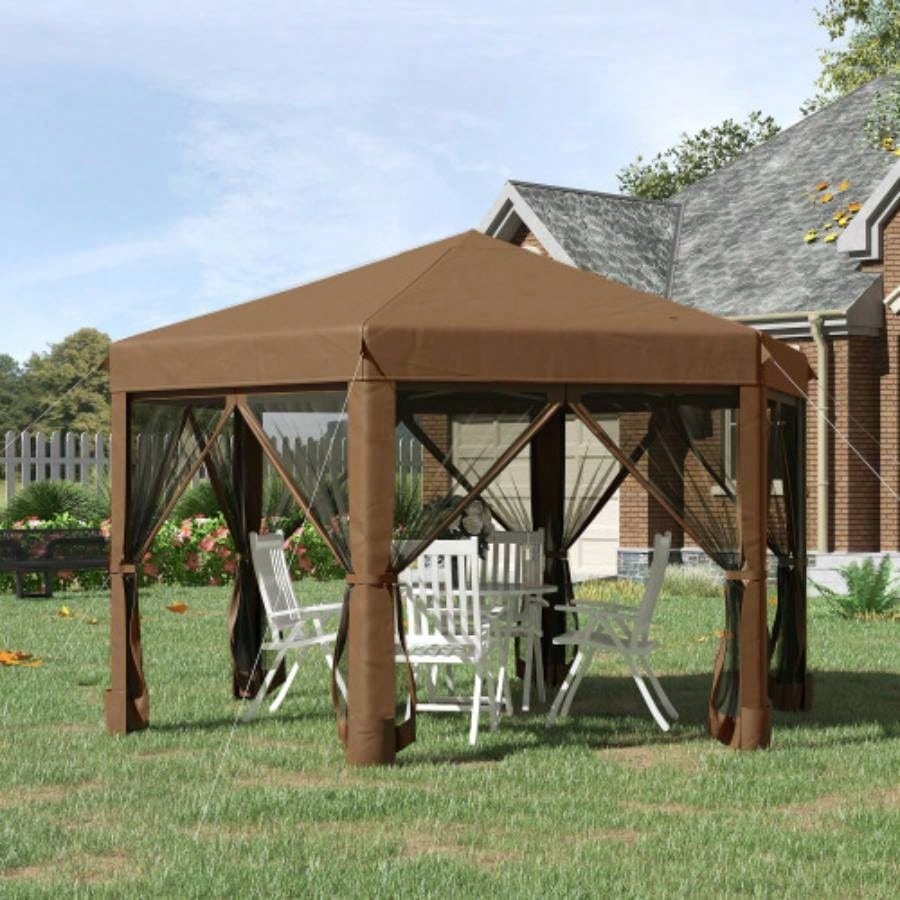 Outsunny 13x 11 Hexagonal Up Gazebo, Heavy Duty Outdoor Canopy Tent with 6 Mesh Sidewall Netting, 3 - Level Adjustable Height and Strong Steel Frame, Brown