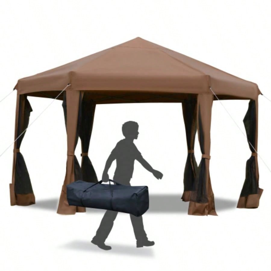 Outsunny 13x 11 Hexagonal Up Gazebo, Heavy Duty Outdoor Canopy Tent with 6 Mesh Sidewall Netting, 3 - Level Adjustable Height and Strong Steel Frame, Brown