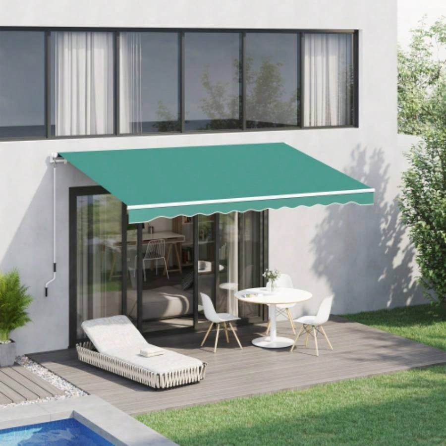 Outsunny 10x 8 Retractable Awning, Patio Awnings, Sunshade Shelter/ Manual Crank Handle, - Resistant Fabric and Aluminum Frame Deck, Balcony, Yard, Green