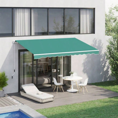 Outsunny 10x 8 Retractable Awning, Patio Awnings, Sunshade Shelter/ Manual Crank Handle, - Resistant Fabric and Aluminum Frame Deck, Balcony, Yard, Green