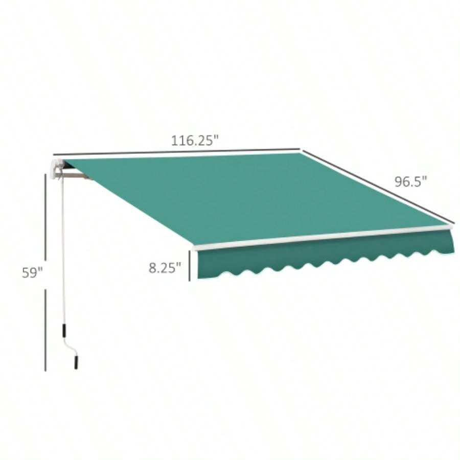 Outsunny 10x 8 Retractable Awning, Patio Awnings, Sunshade Shelter/ Manual Crank Handle, - Resistant Fabric and Aluminum Frame Deck, Balcony, Yard, Green