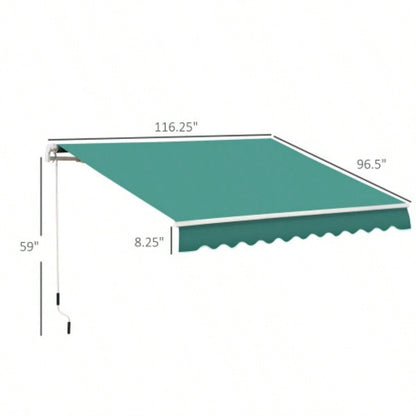 Outsunny 10x 8 Retractable Awning, Patio Awnings, Sunshade Shelter/ Manual Crank Handle, - Resistant Fabric and Aluminum Frame Deck, Balcony, Yard, Green