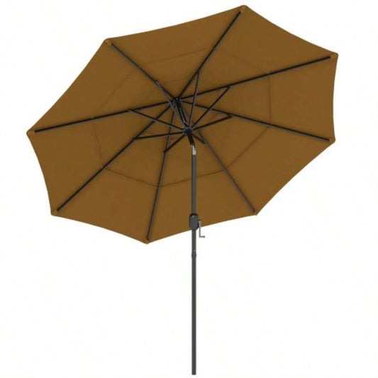 Outsunny 9FT 3 Tiers Patio Outdoor Market with Crank, Push Button Tilt Deck, Backyard and Lawn, Tan