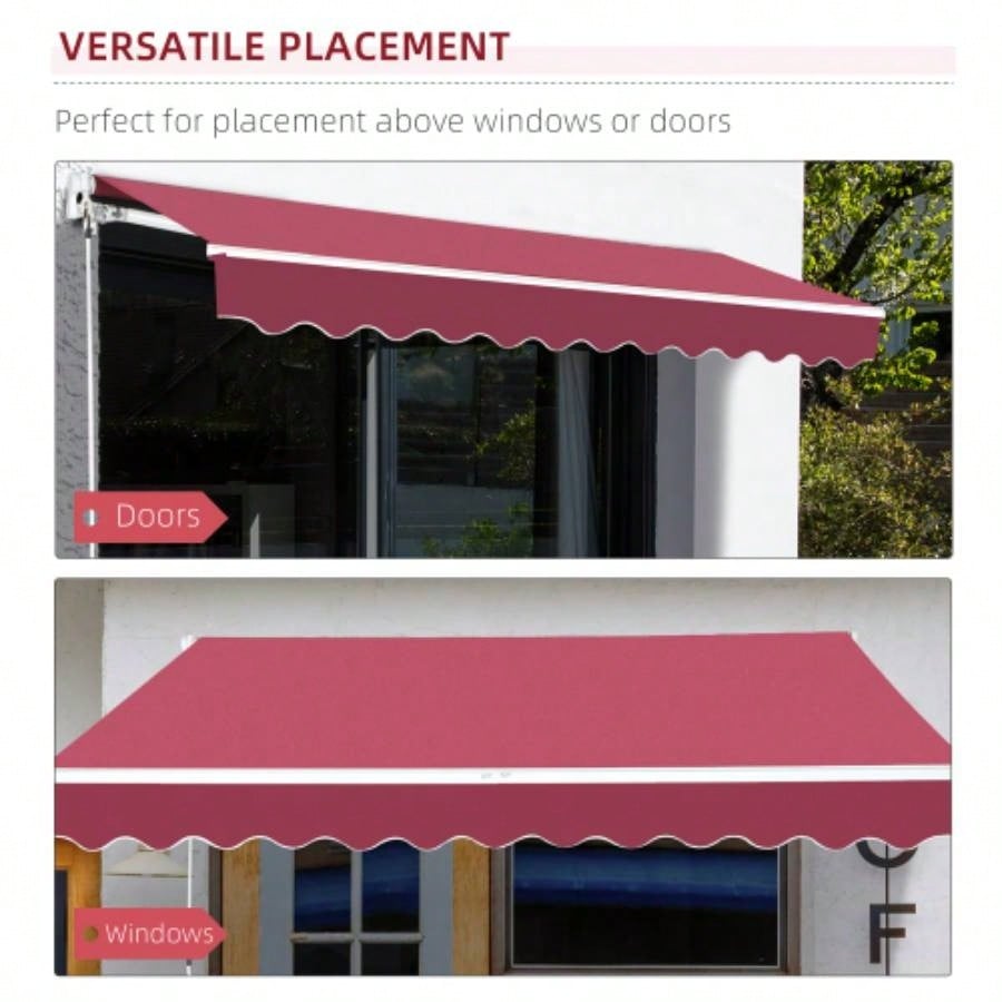Outsunny 10x 8 Retractable Awning, Patio Awnings, Sunshade Shelter/ Manual Crank Handle, - Resistant Fabric and Aluminum Frame Deck, Balcony, Yard, Wine Red