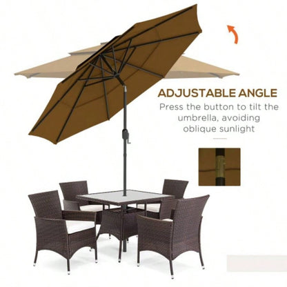 Outsunny 9FT 3 Tiers Patio Outdoor Market with Crank, Push Button Tilt Deck, Backyard and Lawn, Tan