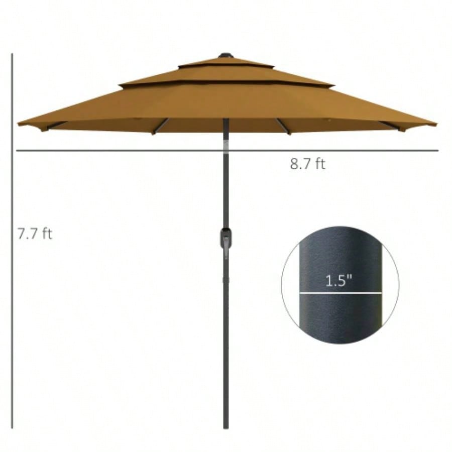 Outsunny 9FT 3 Tiers Patio Outdoor Market with Crank, Push Button Tilt Deck, Backyard and Lawn, Tan