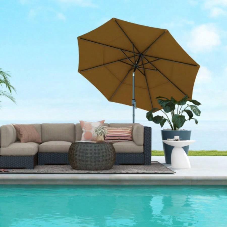 Outsunny 9FT 3 Tiers Patio Outdoor Market with Crank, Push Button Tilt Deck, Backyard and Lawn, Tan