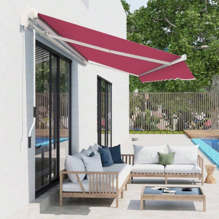Outsunny 10x 8 Retractable Awning, Patio Awnings, Sunshade Shelter/ Manual Crank Handle, - Resistant Fabric and Aluminum Frame Deck, Balcony, Yard, Wine Red