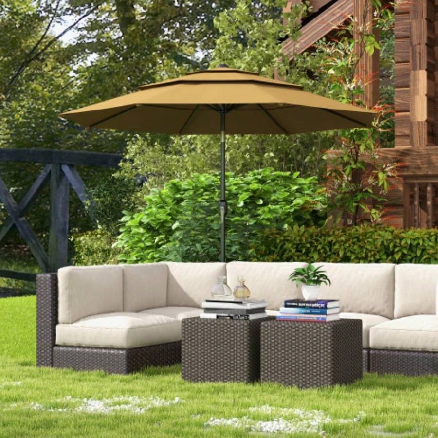 Outsunny 9FT 3 Tiers Patio Outdoor Market with Crank, Push Button Tilt Deck, Backyard and Lawn, Tan