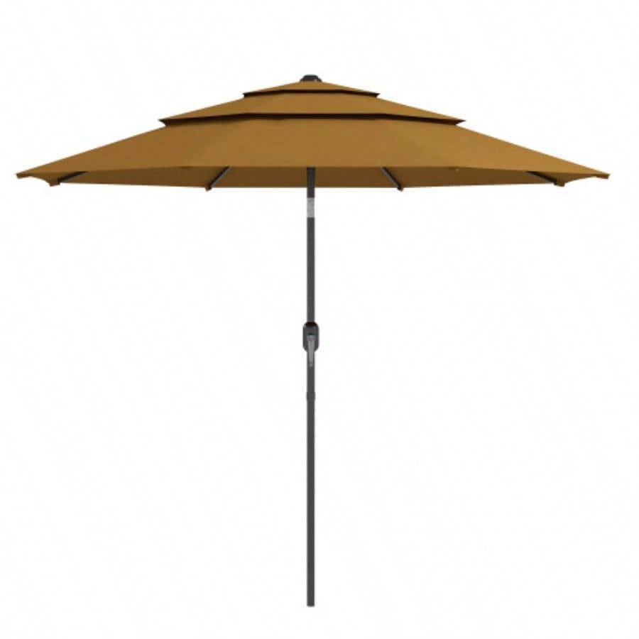Outsunny 9FT 3 Tiers Patio Outdoor Market with Crank, Push Button Tilt Deck, Backyard and Lawn, Tan