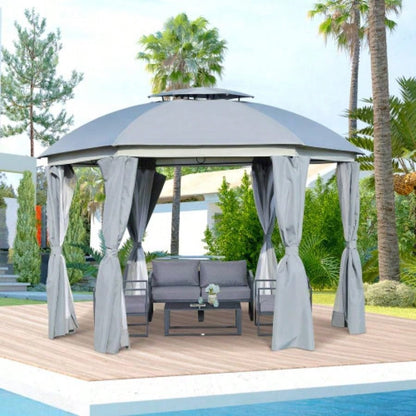 Outsunny 12x 12 Round Outdoor Gazebo, Patio Dome Gazebo Canopy Shelter with Double Roof, Netting Sidewalls and Curtains, Zippered Doors, Strong Steel Frame,