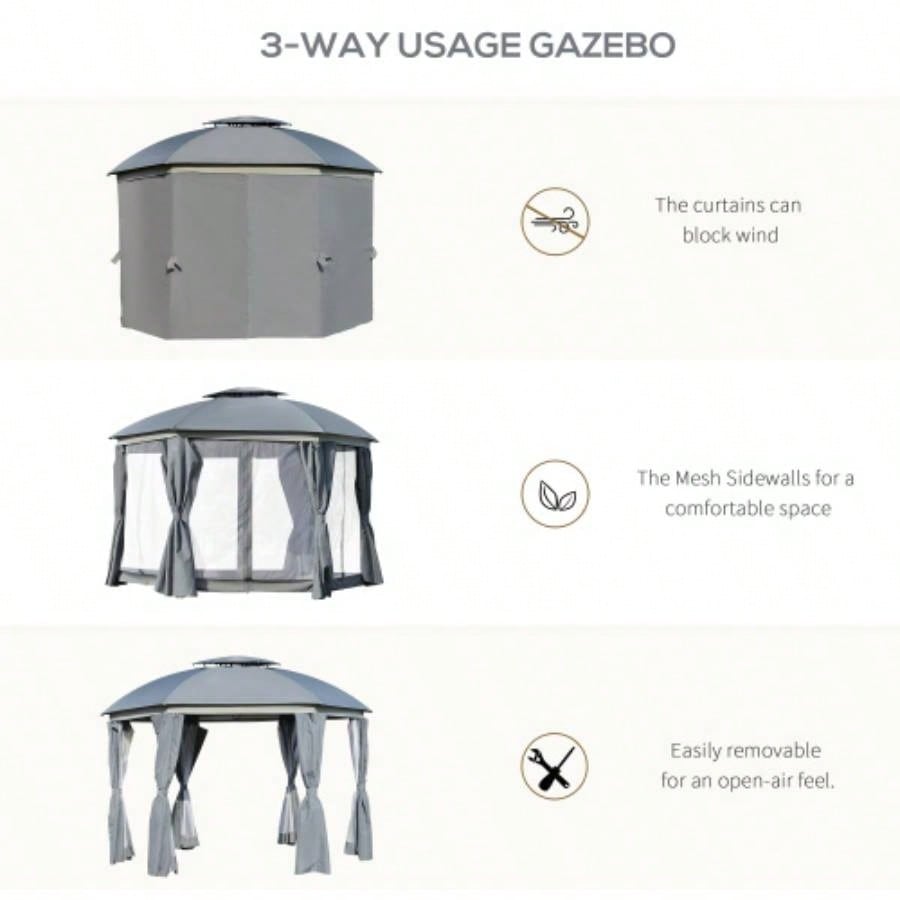 Outsunny 12x 12 Round Outdoor Gazebo, Patio Dome Gazebo Canopy Shelter with Double Roof, Netting Sidewalls and Curtains, Zippered Doors, Strong Steel Frame,