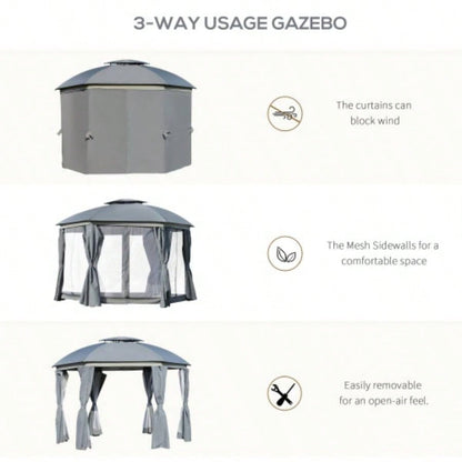 Outsunny 12x 12 Round Outdoor Gazebo, Patio Dome Gazebo Canopy Shelter with Double Roof, Netting Sidewalls and Curtains, Zippered Doors, Strong Steel Frame,