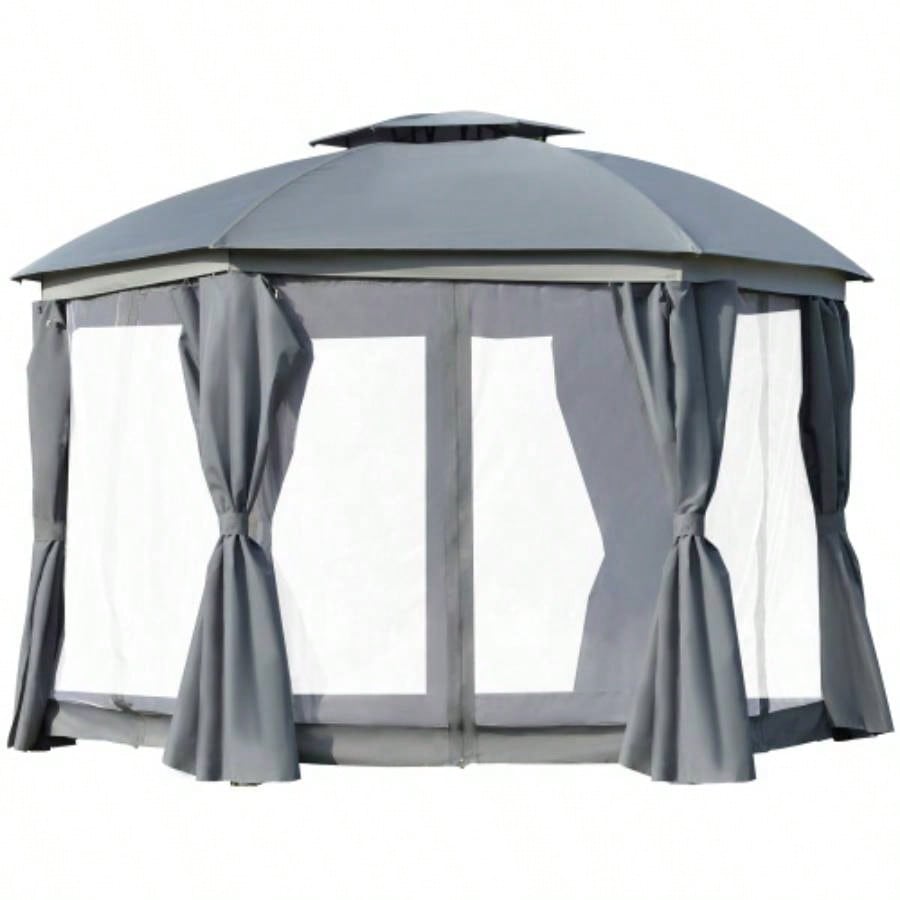 Outsunny 12x 12 Round Outdoor Gazebo, Patio Dome Gazebo Canopy Shelter with Double Roof, Netting Sidewalls and Curtains, Zippered Doors, Strong Steel Frame,