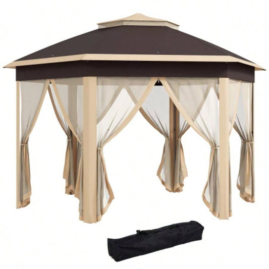 Outsunny 13x 13 Up Gazebo, Hexagonal Canopy Shelter with 6 Zippered Mesh Netting, Event Tent with Strong Steel Frame Patio, Backyard, Garden, Wedding, Party, Beige