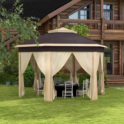 Outsunny 13x 13 Up Gazebo, Hexagonal Canopy Shelter with 6 Zippered Mesh Netting, Event Tent with Strong Steel Frame Patio, Backyard, Garden, Wedding, Party, Beige