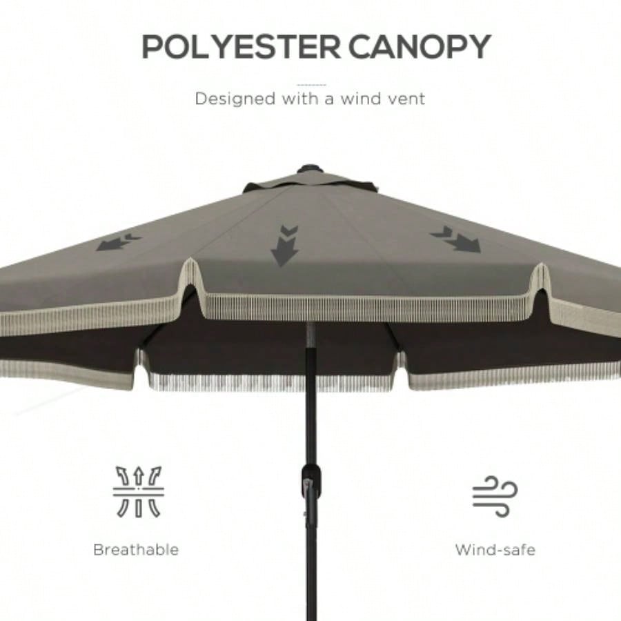Outsunny 9ft Patio with Push Button Tilt and Crank, Ruffled Outdoor Market Table with Tassles and 8 Ribs, Garden, Deck, Pool, Dark Gray