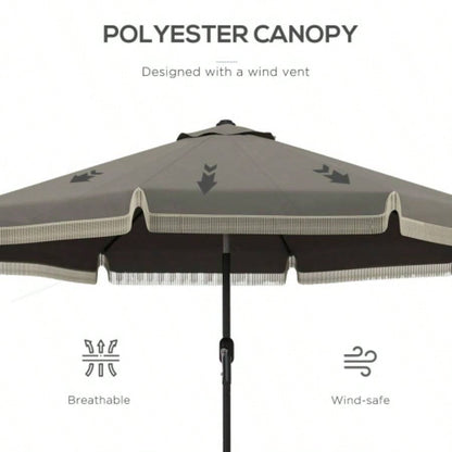 Outsunny 9ft Patio with Push Button Tilt and Crank, Ruffled Outdoor Market Table with Tassles and 8 Ribs, Garden, Deck, Pool, Dark Gray