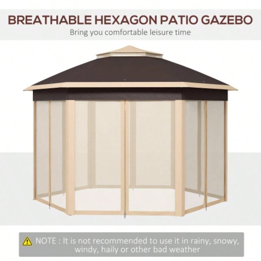 Outsunny 13x 13 Up Gazebo, Hexagonal Canopy Shelter with 6 Zippered Mesh Netting, Event Tent with Strong Steel Frame Patio, Backyard, Garden, Wedding, Party, Beige