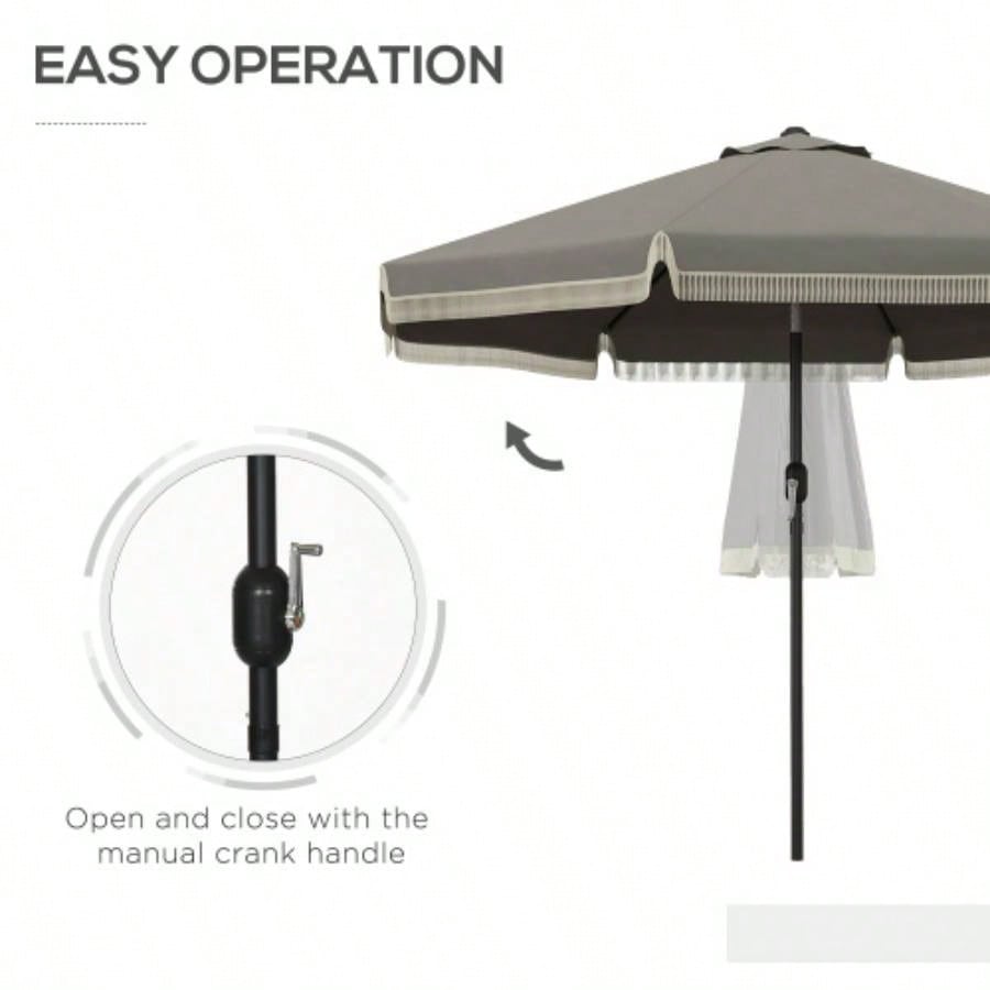 Outsunny 9ft Patio with Push Button Tilt and Crank, Ruffled Outdoor Market Table with Tassles and 8 Ribs, Garden, Deck, Pool, Dark Gray