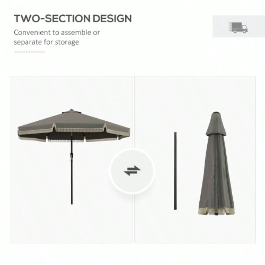 Outsunny 9ft Patio with Push Button Tilt and Crank, Ruffled Outdoor Market Table with Tassles and 8 Ribs, Garden, Deck, Pool, Dark Gray