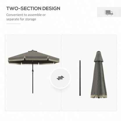 Outsunny 9ft Patio with Push Button Tilt and Crank, Ruffled Outdoor Market Table with Tassles and 8 Ribs, Garden, Deck, Pool, Dark Gray