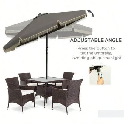 Outsunny 9ft Patio with Push Button Tilt and Crank, Ruffled Outdoor Market Table with Tassles and 8 Ribs, Garden, Deck, Pool, Dark Gray