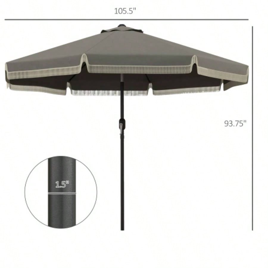 Outsunny 9ft Patio with Push Button Tilt and Crank, Ruffled Outdoor Market Table with Tassles and 8 Ribs, Garden, Deck, Pool, Dark Gray