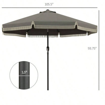 Outsunny 9ft Patio with Push Button Tilt and Crank, Ruffled Outdoor Market Table with Tassles and 8 Ribs, Garden, Deck, Pool, Dark Gray