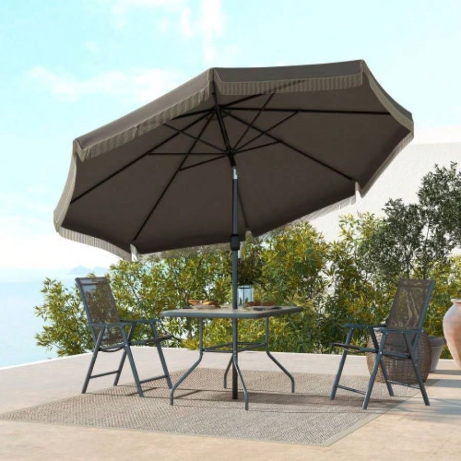 Outsunny 9ft Patio with Push Button Tilt and Crank, Ruffled Outdoor Market Table with Tassles and 8 Ribs, Garden, Deck, Pool, Dark Gray