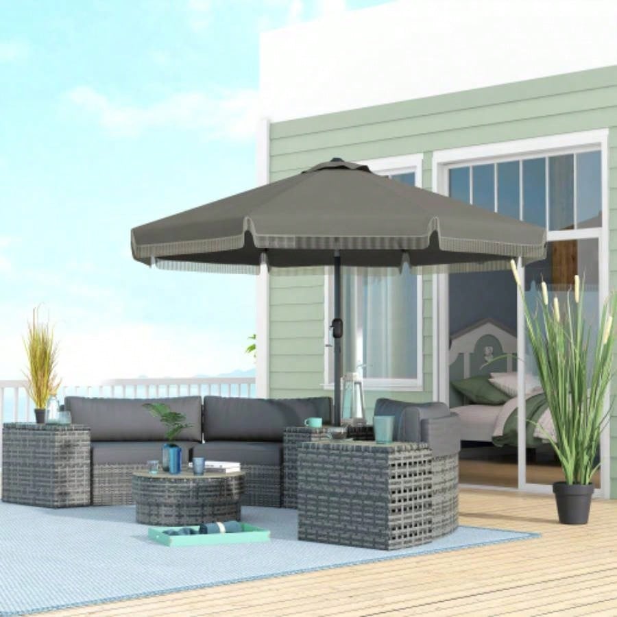 Outsunny 9ft Patio with Push Button Tilt and Crank, Ruffled Outdoor Market Table with Tassles and 8 Ribs, Garden, Deck, Pool, Dark Gray